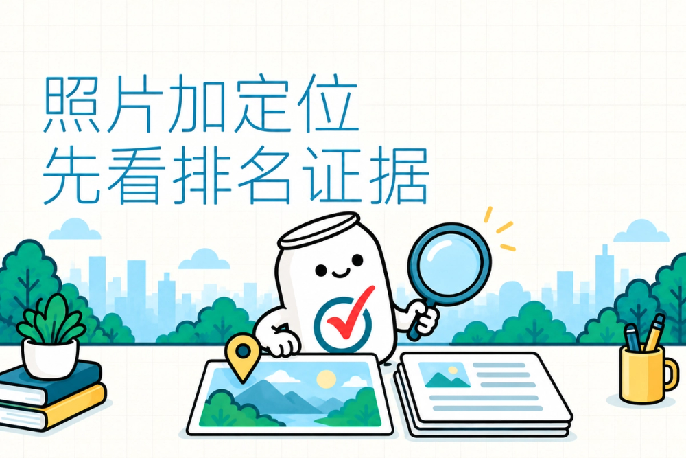 易拉罐小人拿放大镜核对照片定位标签与证据记录,提示元数据不等于排名保证。 易拉罐小人拿放大镜核对照片定位标签与证据记录,提示元数据不等于排名保证。