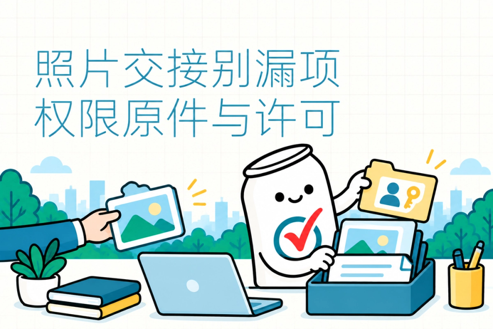 易拉罐小人把照片原件、使用许可和账号清单交给接手人,呈现素材交接的三个部分。 易拉罐小人把照片原件、使用许可和账号清单交给接手人,呈现素材交接的三个部分。