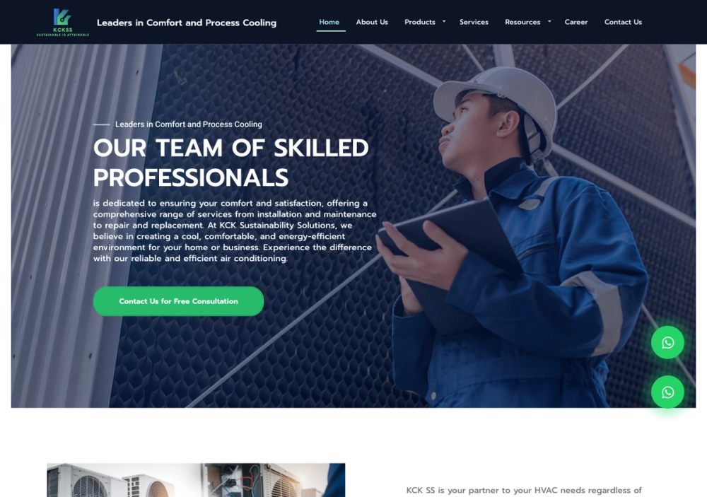 官网首页截图 · 2026-10-15 KCK Sustainability Solutions - Home, Commercial & Industrial Air-conditioning Experts (AirCon) 官网首页截图