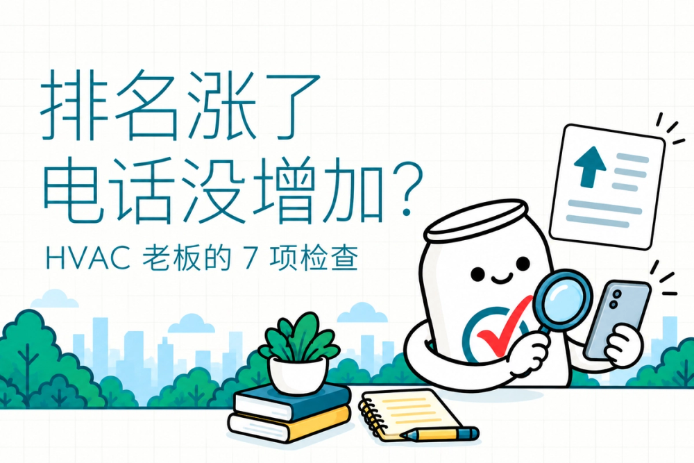 易拉罐小人核对排名卡和电话,提示HVAC老板区分排名与真实咨询。 易拉罐小人核对排名卡和电话,提示HVAC老板区分排名与真实咨询。