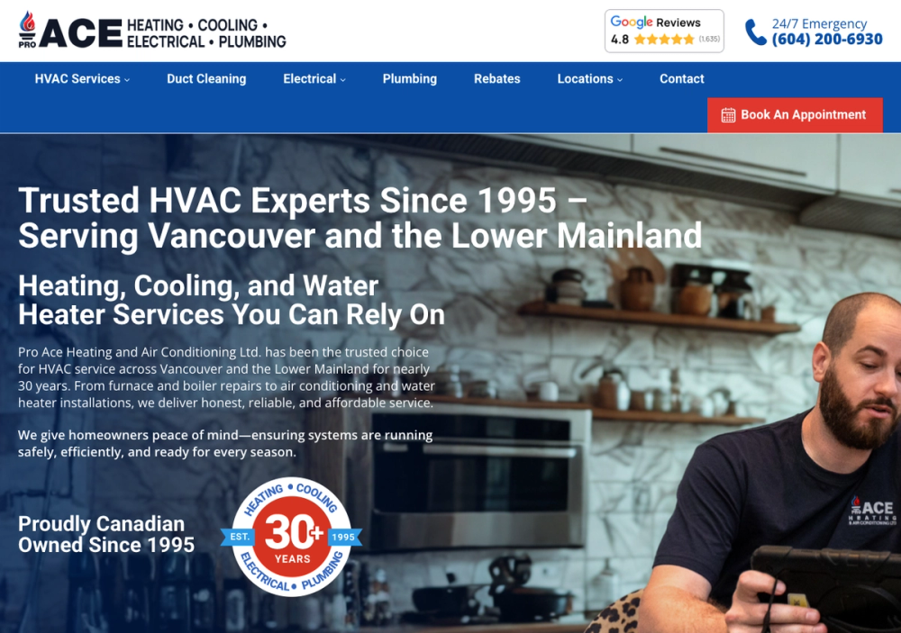 官网首页截图 · 2026-10-15 Pro Ace Heating & Air Conditioning 官网首页截图