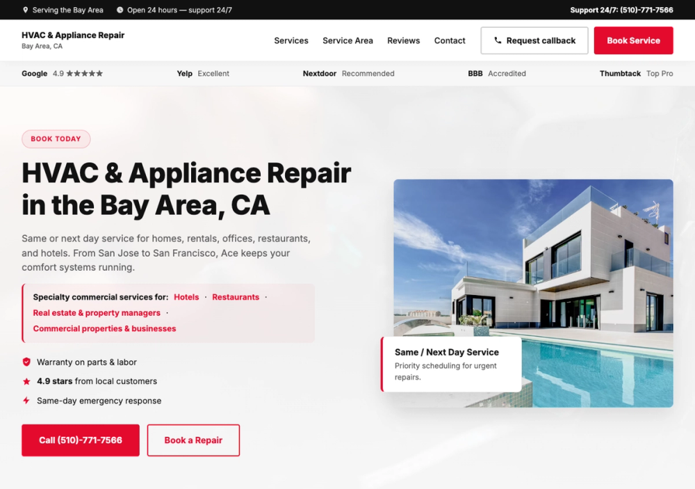 官网首页截图 · 2026-10-17 Ace HVAC and Appliance Repair 官网首页截图
