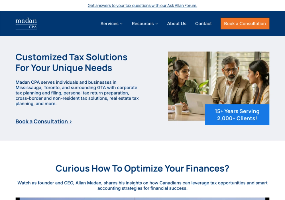 官网首页截图 · 2026-10-25 Madan CPA Professional Corporation 官网首页截图