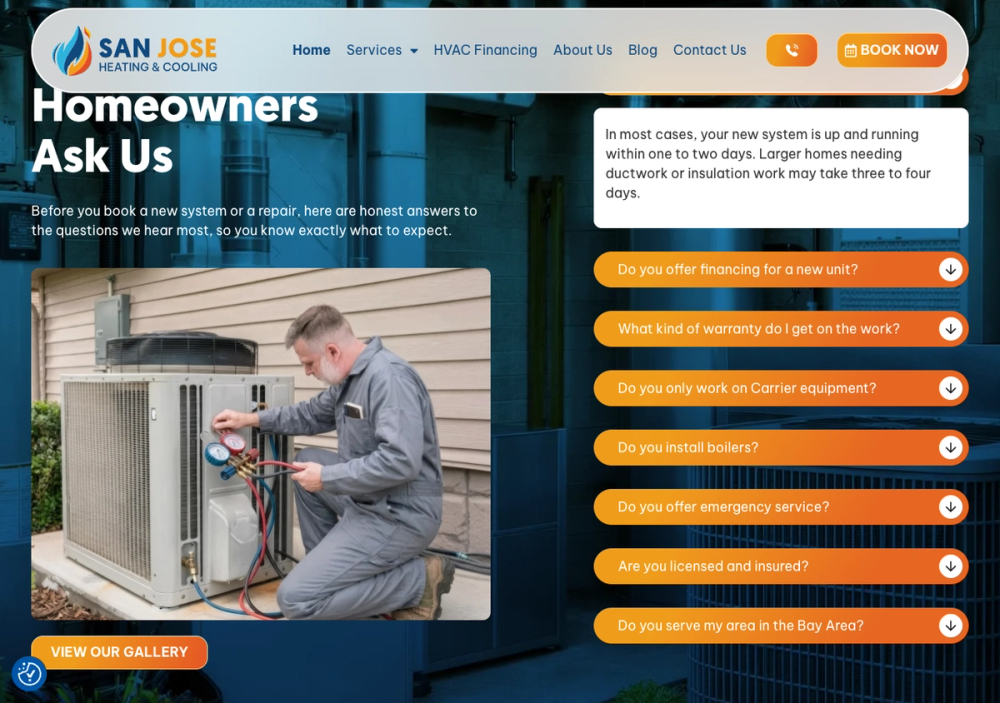San Jose Heating & Cooling 官网首页截图