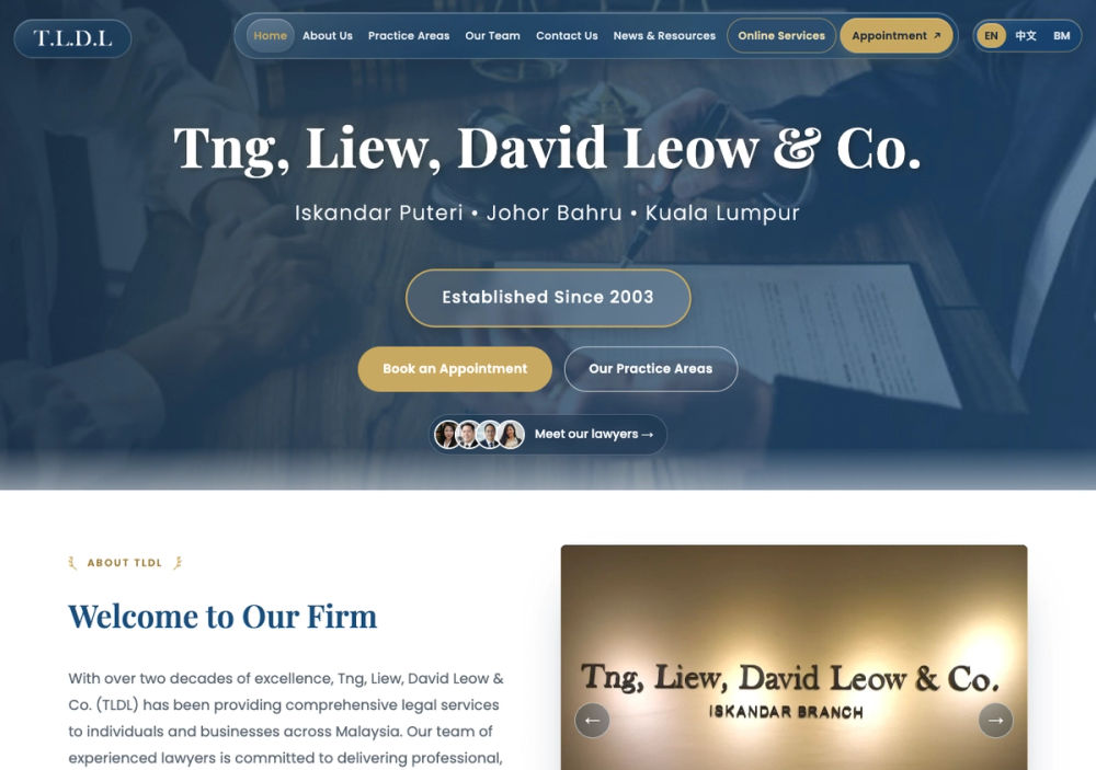 官网首页截图 · 2026-10-21 TNG, LIEW, DAVID LEOW & CO. (ISKANDAR PUTERI OFFICE) 官网首页截图