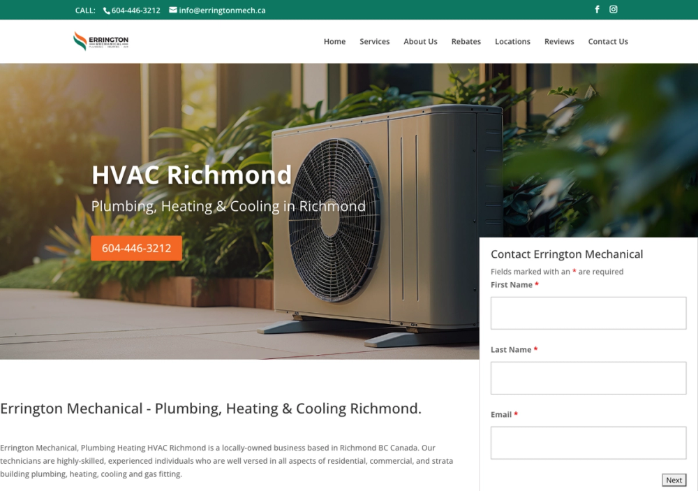 官网首页截图 · 2026-10-14 Errington Mechanical - Plumbing & HVAC Richmond 官网首页截图