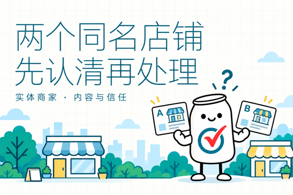 易拉罐小人对照两张店铺资料卡，提示先判断是否同一家生意再决定处理方式。