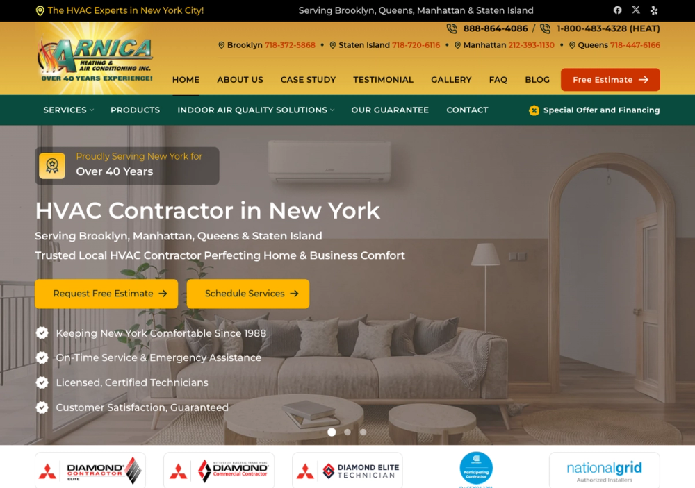 官网首页截图 · 2026-10-13 Arnica Heating and Air Conditioning Inc 官网首页截图