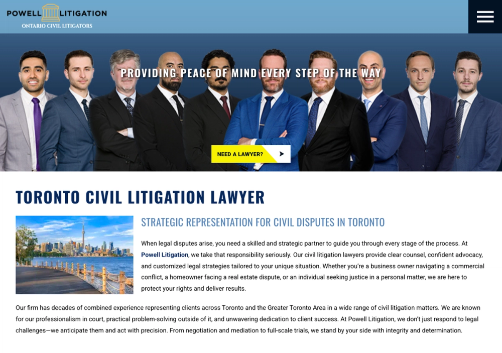 官网首页截图 · 2026-10-17 Toronto Civil Litigation Lawyers - Powell Litigation 官网首页截图