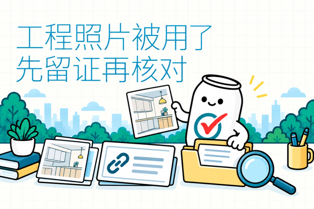 易拉罐小人整理照片原件、网页链接与授权文件，提示先保存证据再选择反馈渠道。