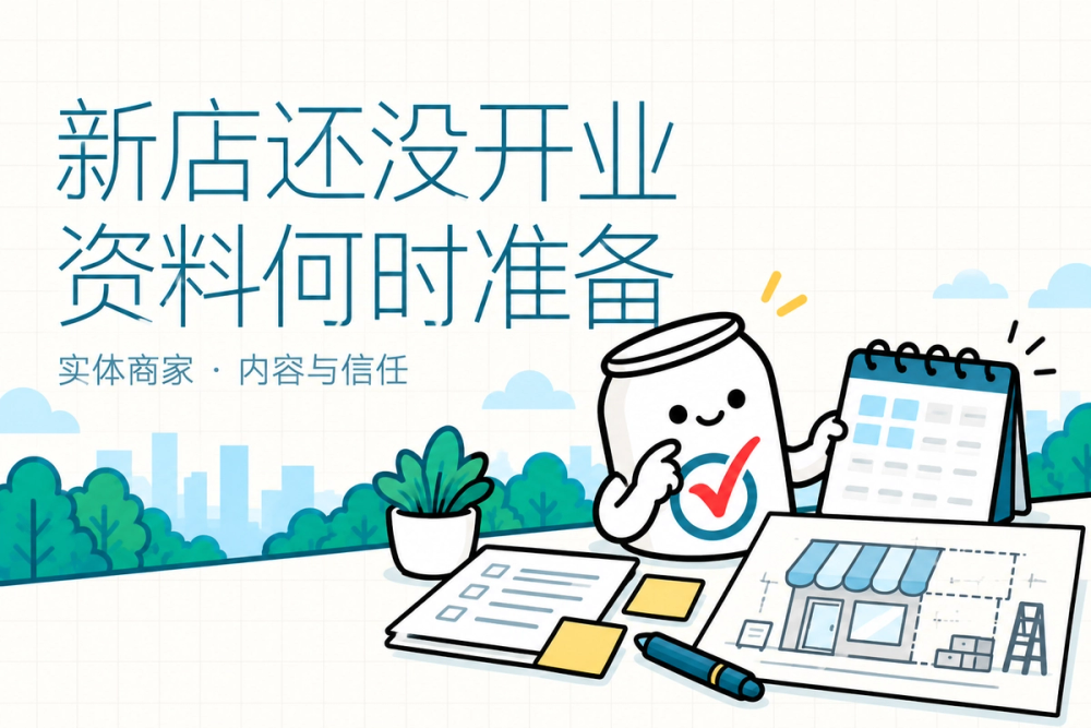 易拉罐小人对照日历与准备中的门店，提醒开业日期和资料显示是不同状态。