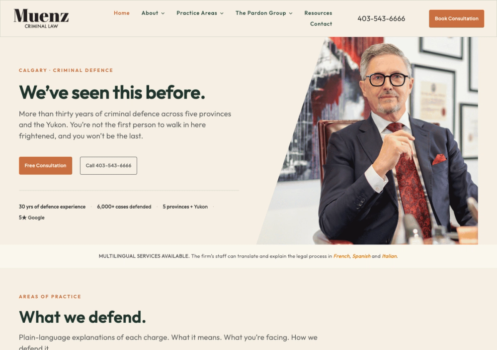 官网首页截图 · 2026-10-20 Muenz Criminal Law - Calgary Criminal Defence Lawyers 官网首页截图