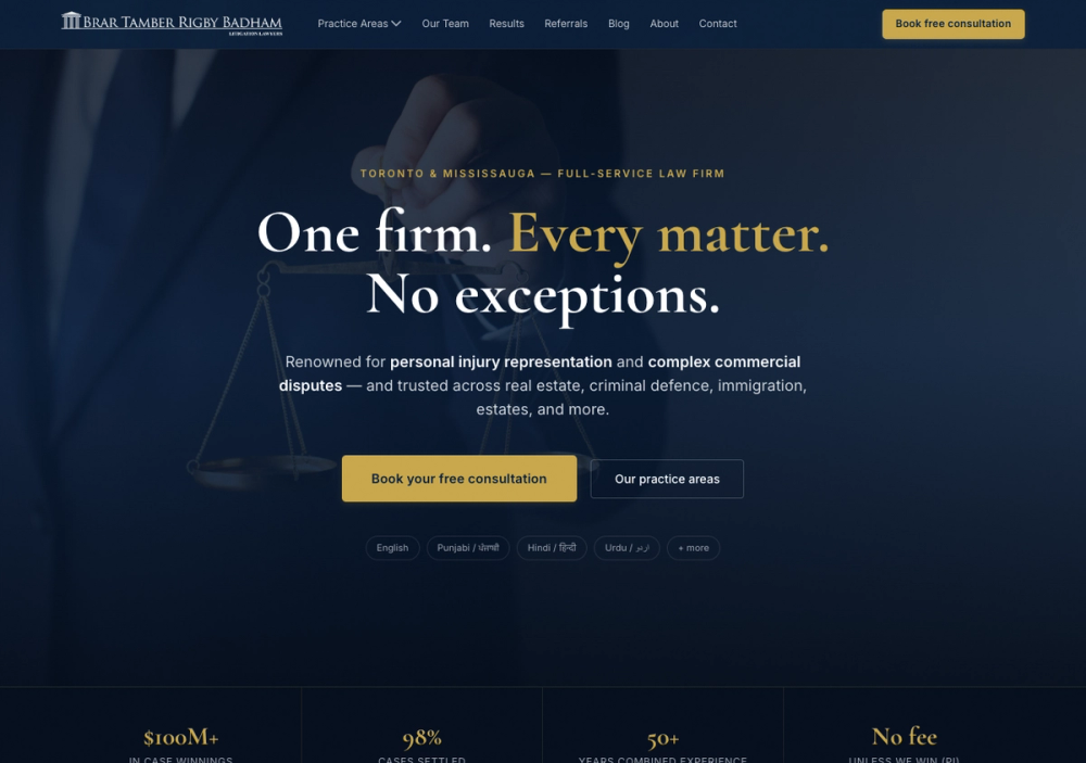 Personal Injury Lawyer Mississauga Brar Tamber Rigby Badham 官网首页截图