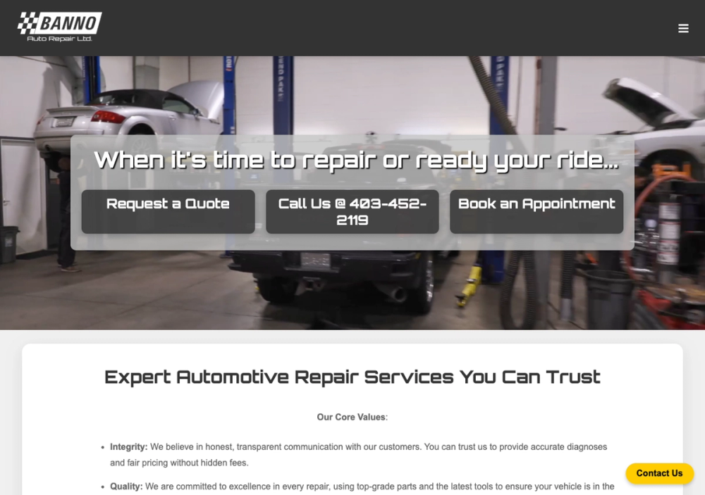 官网首页截图 · 2026-10-26 Banno Auto Repair Ltd. 官网首页截图
