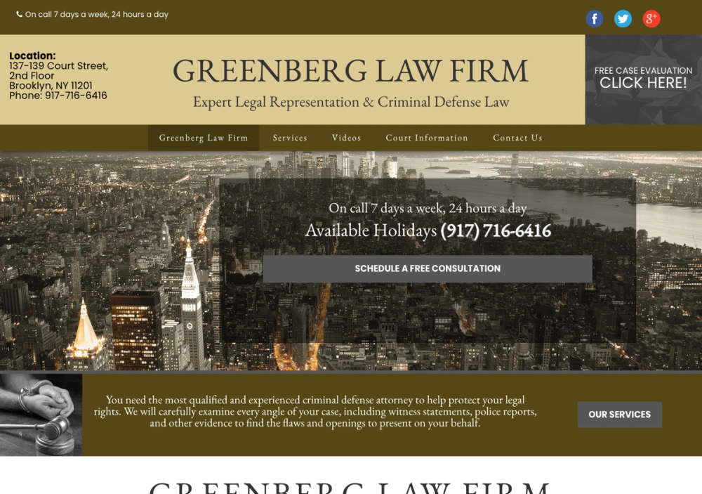 官网首页截图 · 2026-10-18 Greenberg Law Firm 官网首页截图