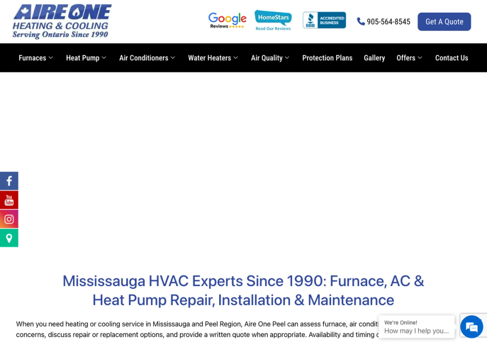 官网首页截图 · 2026-10-16 Aire One Peel | Furnace Repair Mississauga, Heat Pump Installation & AC Service 官网首页截图