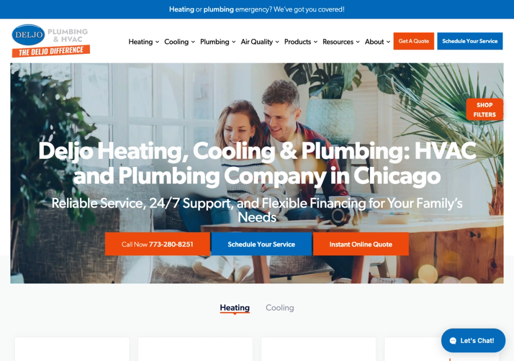 Deljo Heating, Cooling & Plumbing 官网首页截图