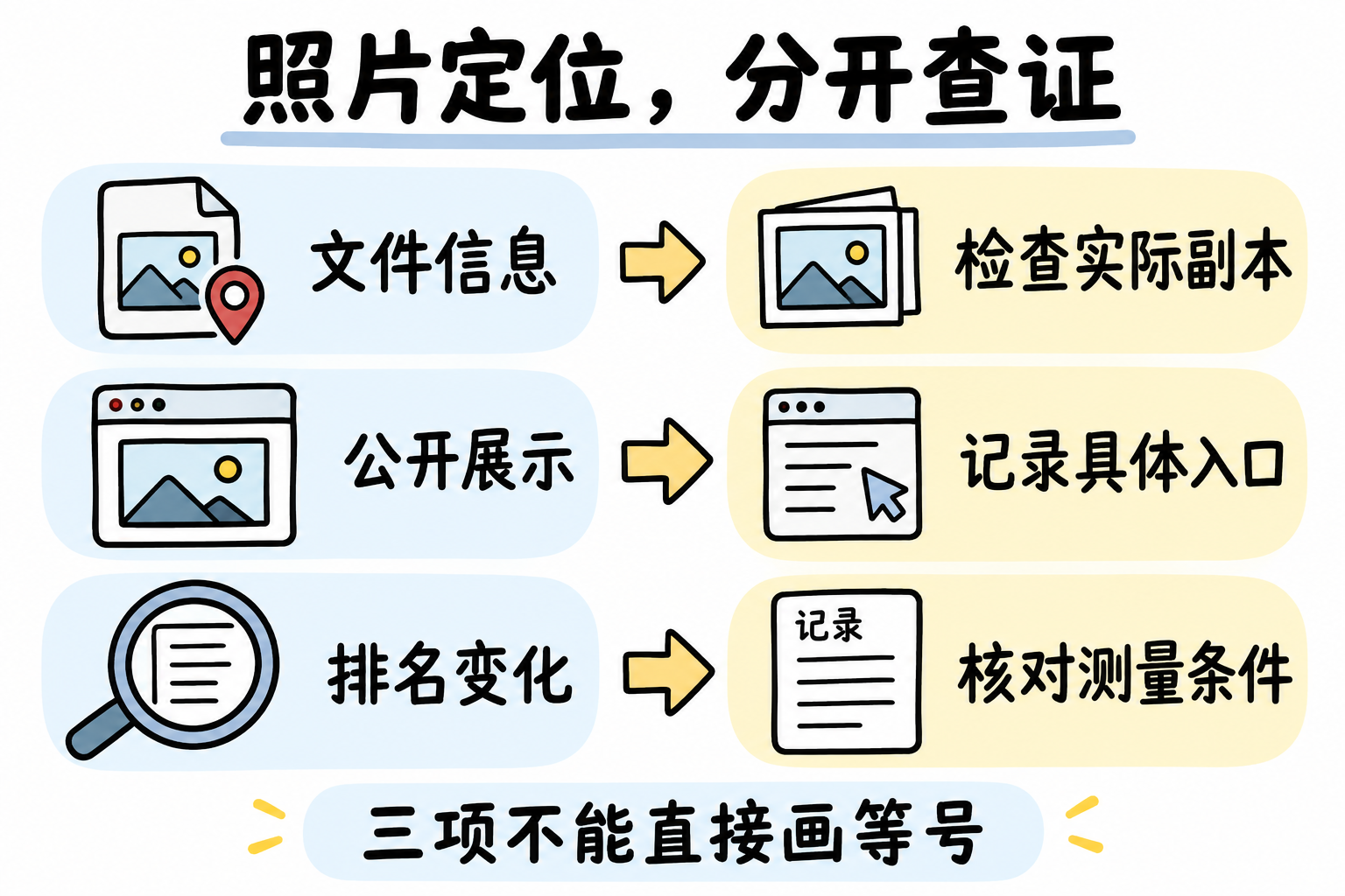 照片元数据、公开展示和排名结果分别需要不同证据,三者不能直接画等号。 照片元数据、公开展示和排名结果分别需要不同证据,三者不能直接画等号。