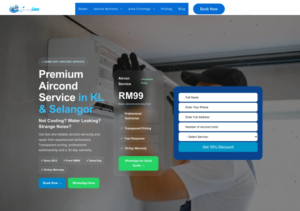 AIRCON CARE MY Aircond Service KL & Selangor 官网首页截图