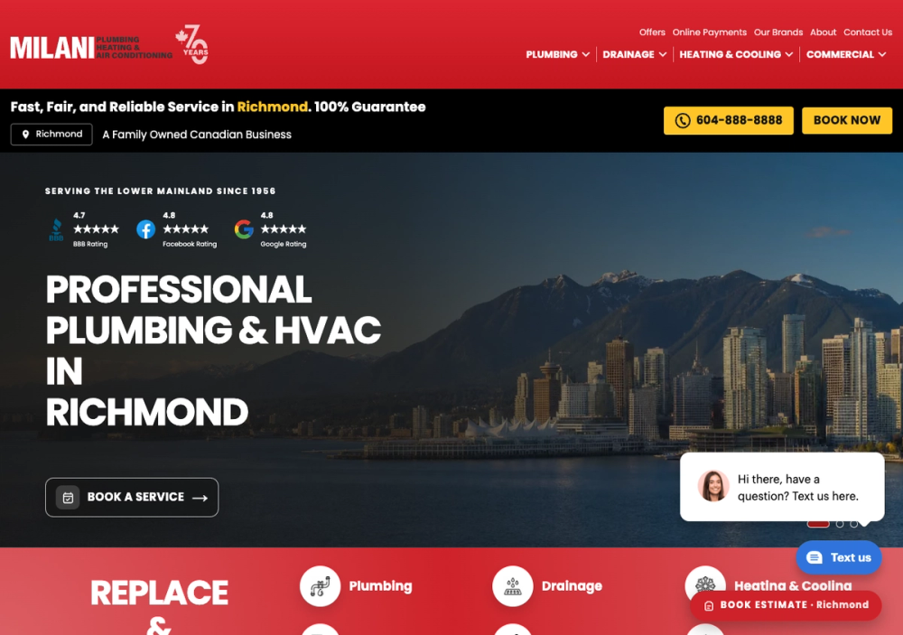 官网首页截图 · 2026-10-14 Milani Plumbing, Heating & Air Conditioning 官网首页截图