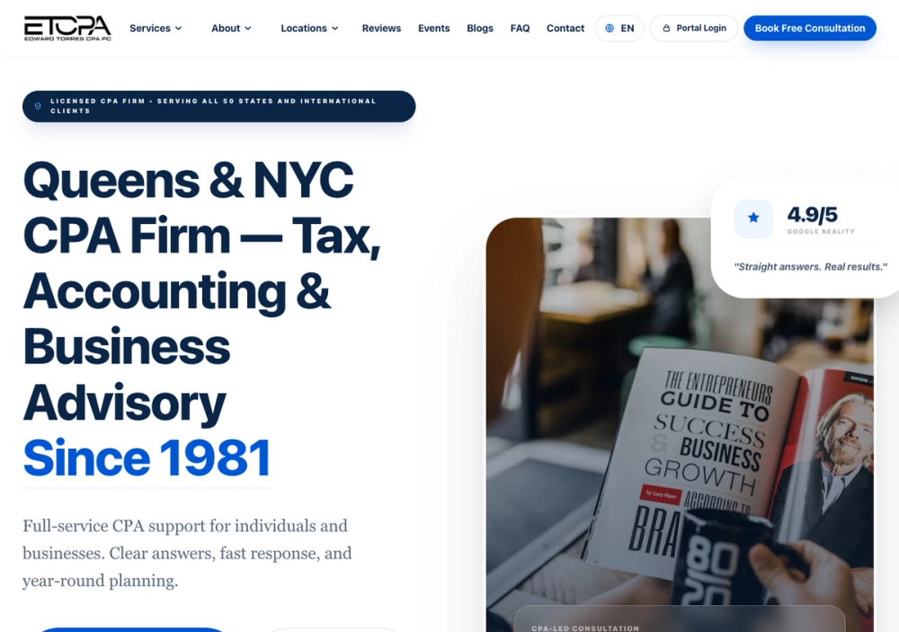 官网首页截图 · 2026-10-23 Edward Torres, CPA PC | Tax & Accounting Services in New York 官网首页截图