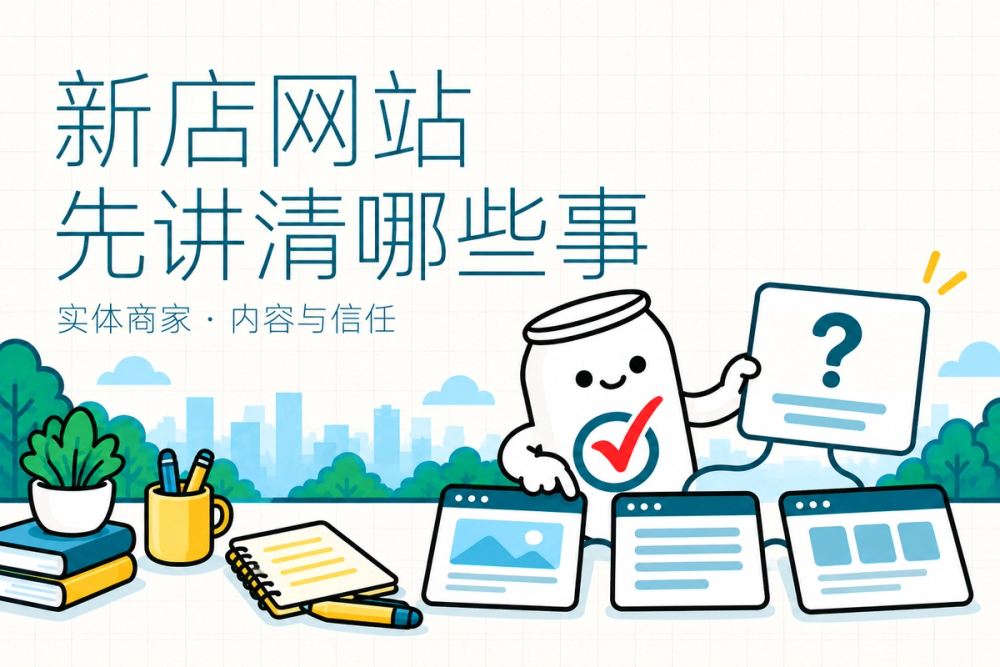 易拉罐小人把新店顾客的问题对应到网站页面卡片，帮助老板先准备真实内容。