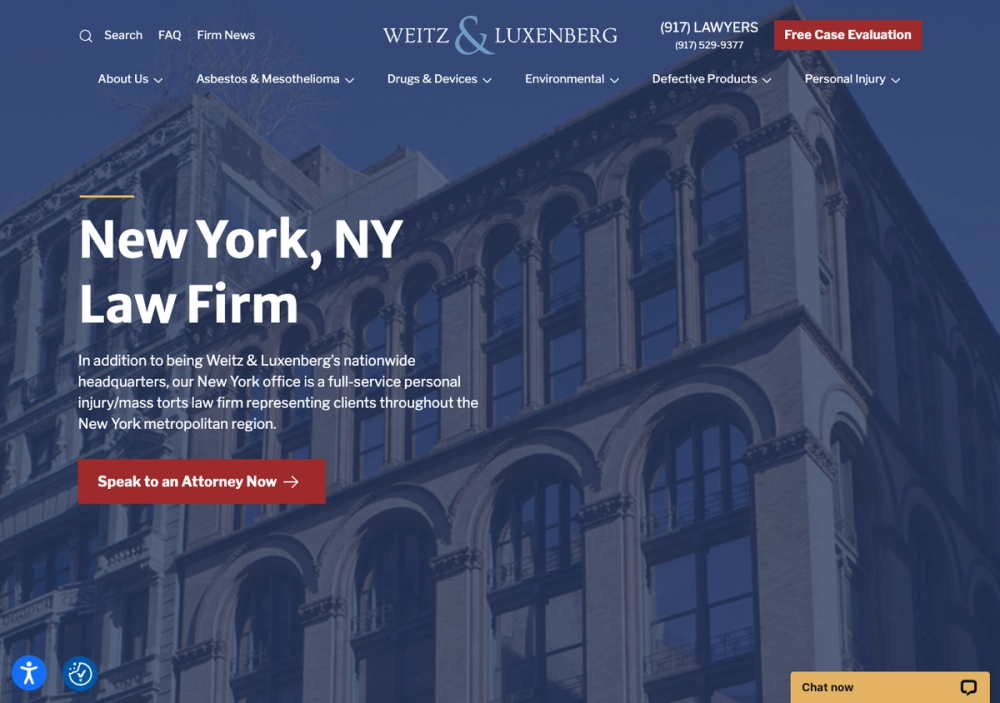 官网首页截图 · 2026-10-19 Weitz & Luxenberg NYC 官网首页截图