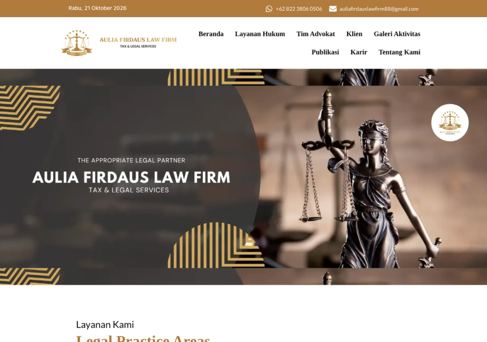 官网首页截图 · 2026-10-21 Aulia Firdaus Law Firm "Tax & Legal Services" 官网首页截图