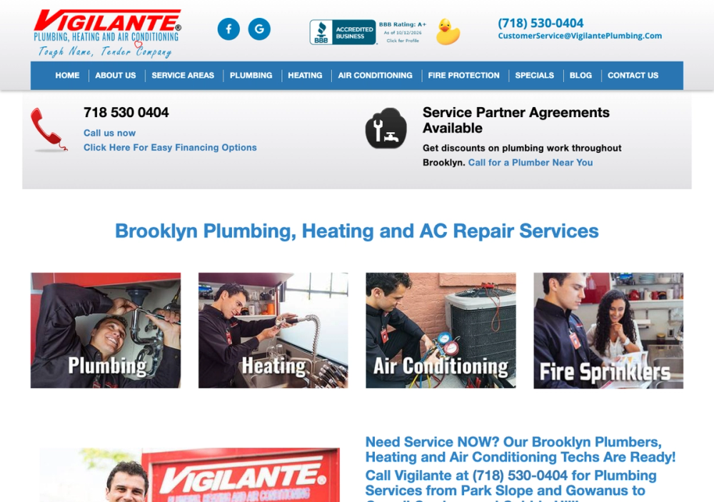 Vigilante Plumbing, Heating & Air Conditioning 官网首页截图
