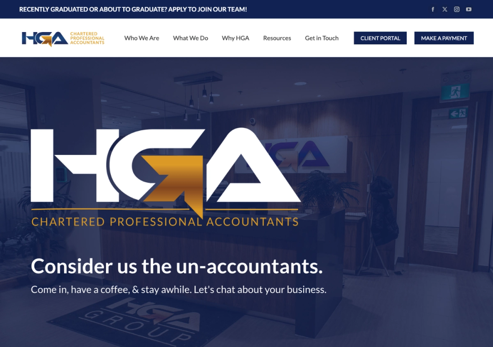 官网首页截图 · 2026-10-23 HGA Chartered Professional Accountants 官网首页截图