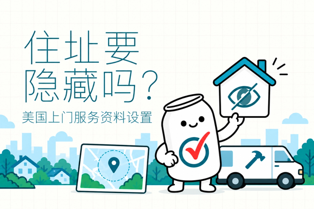 易拉罐小人举起隐藏地址图标,旁边有维修车与地图,提示美国上门服务商检查住址显示。 易拉罐小人举起隐藏地址图标,旁边有维修车与地图,提示美国上门服务商检查住址显示。