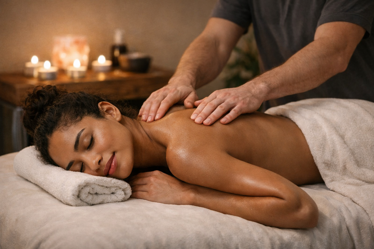 Hands of a massage therapist working across a guest's shoulders as they lie face down with their eyes closed, in a warm room lit by candles.