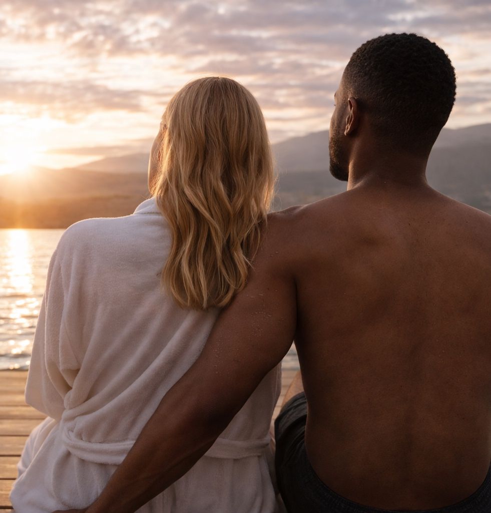 Two people in robes sit close together at the end of a wooden dock, looking out across the lake as the sun sets behind the hills.