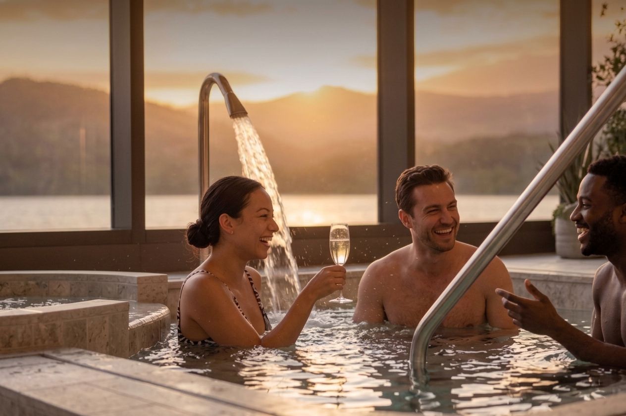 Three friends laughing in a hot pool at sunset, one raising a glass of sparkling wine, with the lake and hills through the windows behind them.