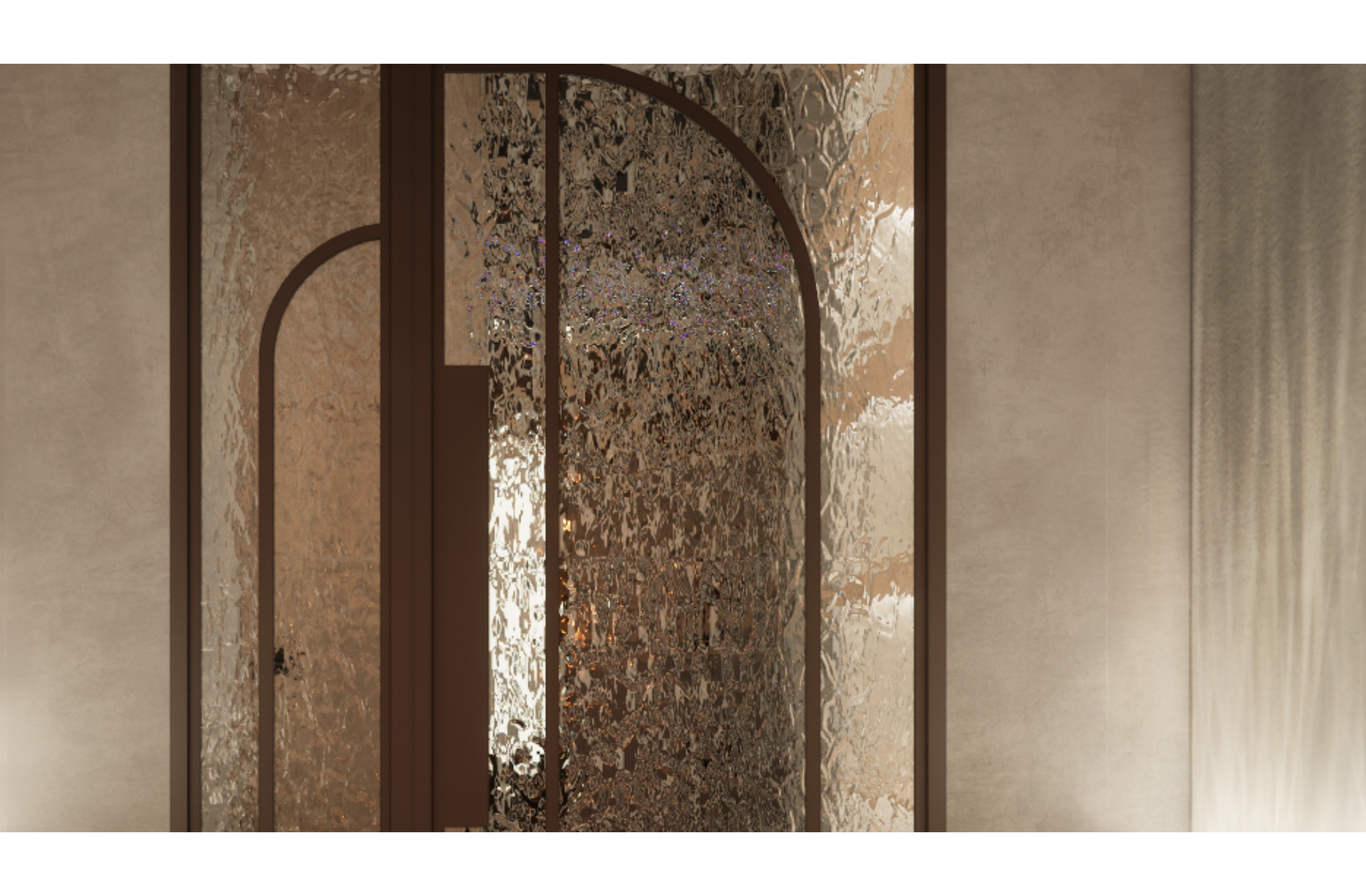 Close-up of arched, bronze-framed doors with textured glass, softly lit from behind.