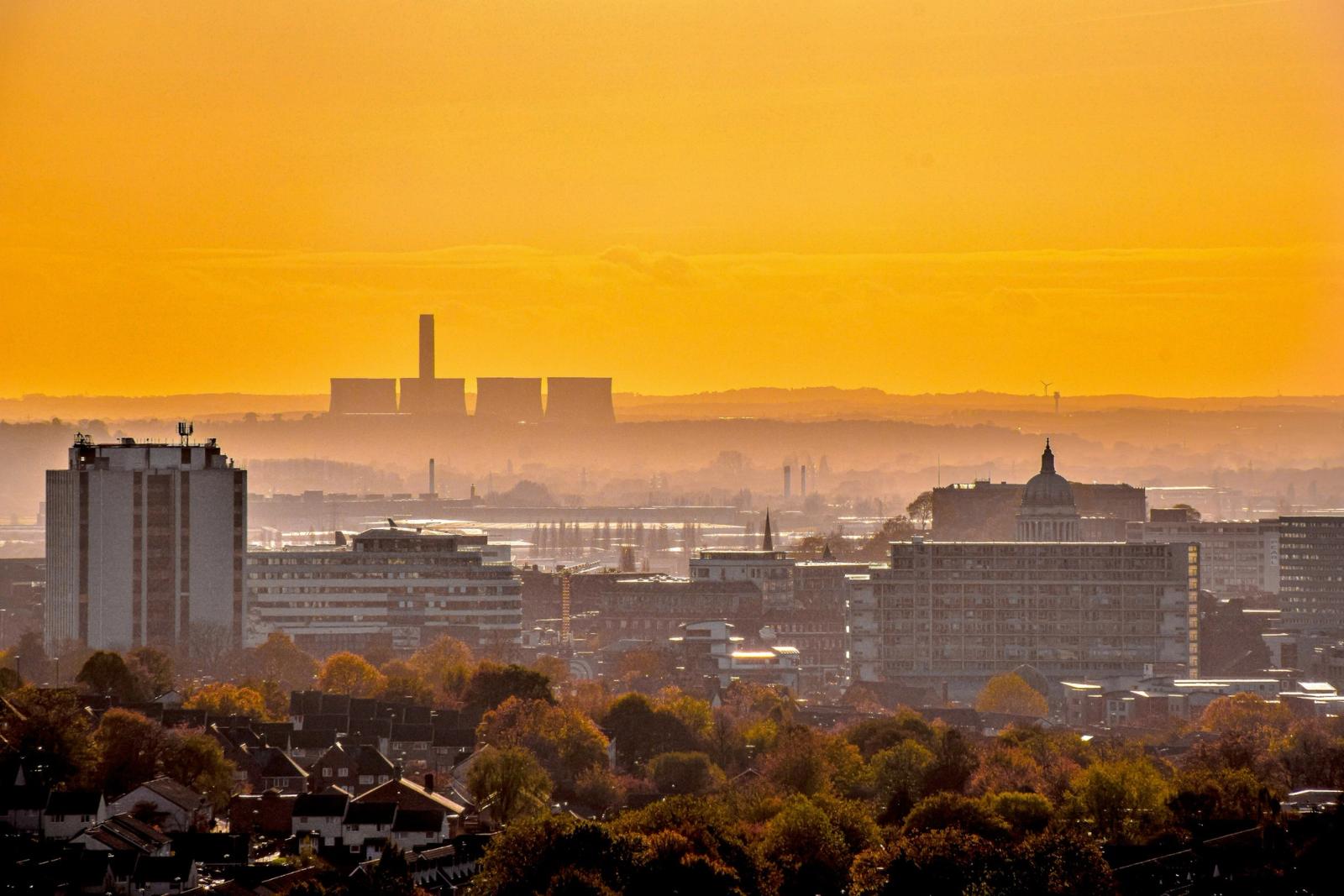 Nottingham city skyline at sunset