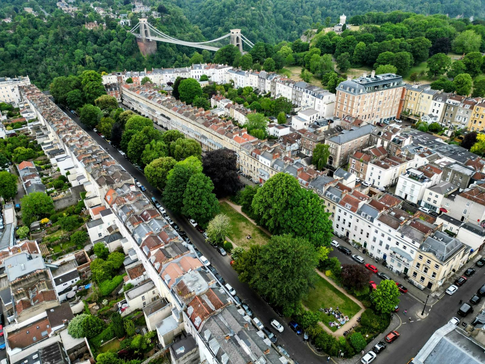 Aerial view of Clifton in Bristol, with the Clifton Suspension Bridge behind