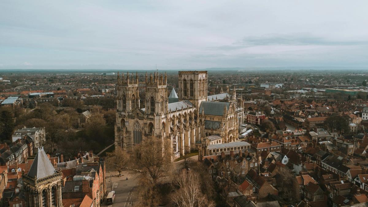 Aerial view of York, with York Minster above the rooftops