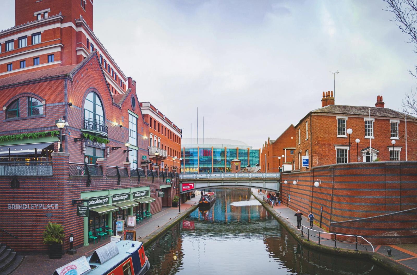Red-brick buildings beside the canal at Brindley Place, Birmingham