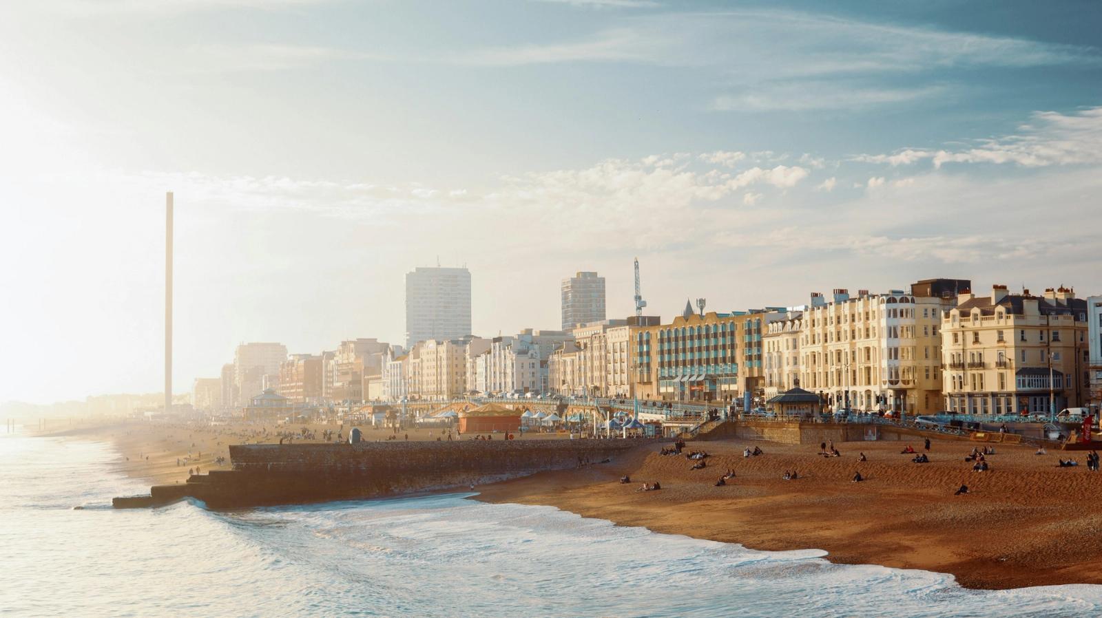 Brighton beach with the seafront buildings behind