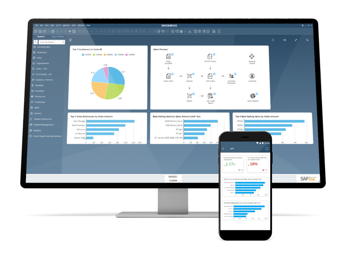 Desktop monitor and smartphone displaying SAP business analytics dashboards with charts and graphs