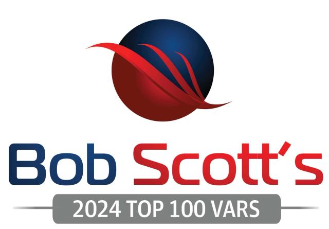 Bob Scott’s 2024 Top 100 VARs logo with red and blue globe and swoosh graphic