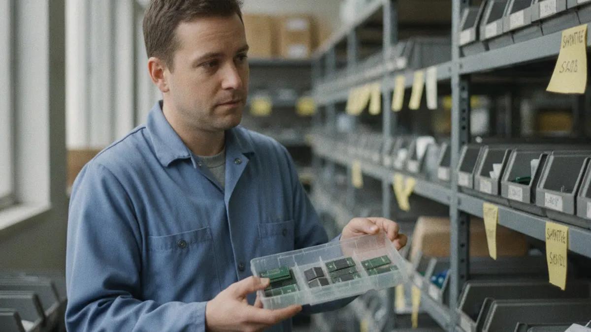 Worker in blue uniform holding a tray of electronic components in a warehouse aisle with labeled bins