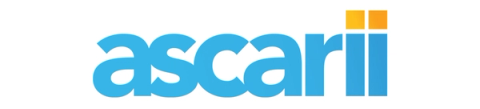 Ascarii logo in light blue lowercase letters with two orange square accents above the final i