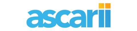 Ascarii logo in light blue lowercase letters with two orange square accents above the final i