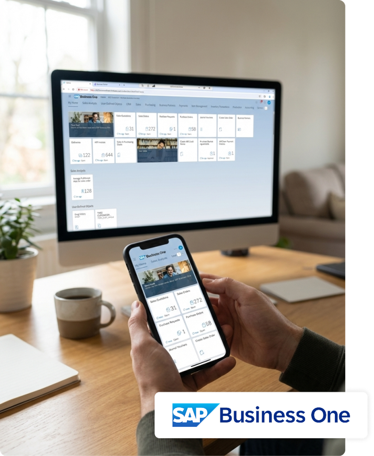 Person using SAP Business One on a smartphone and desktop in a home office workspace