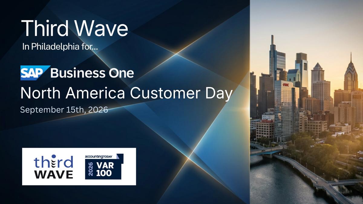 Third Wave SAP Business One North America Customer Day announcement over a Philadelphia skyline at sunset