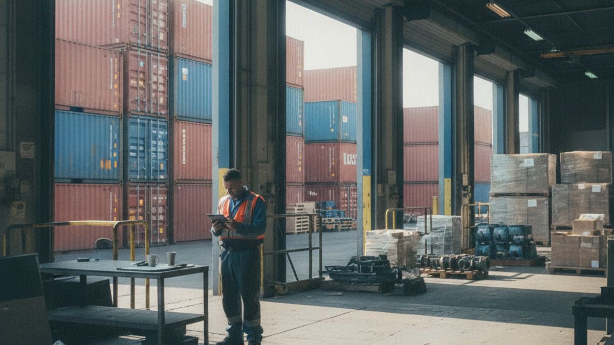 Logistics manager checking a tablet at a US factory loading dock with shipping containers