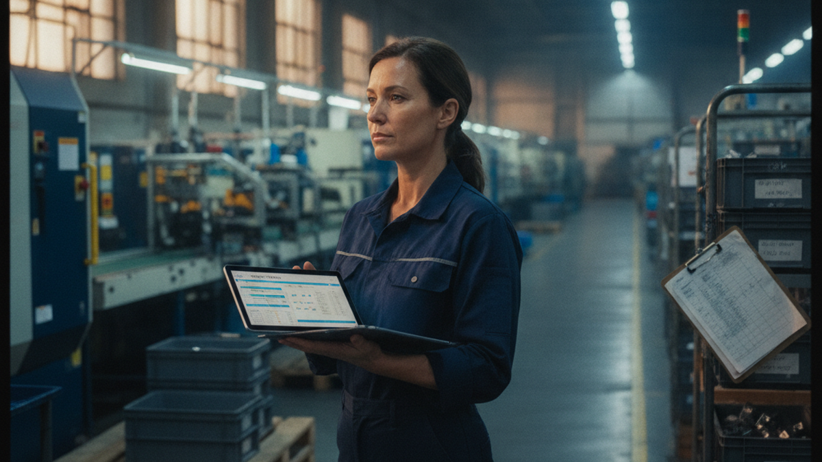 Operations leader reviewing live inventory data on a factory floor