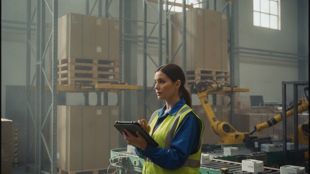 Warehouse worker in safety vest using a tablet near conveyor belt and robotic arms among stacked boxes